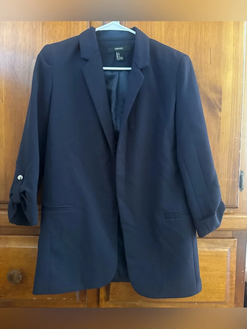 Forever 21 Dark Navy Open-Front Blazer with Roll-Tab Sleeves for Women’s